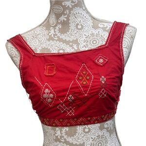 BCBG‎ Tie Crop Top Embroidered Sleeveless Red Square Neck Size S